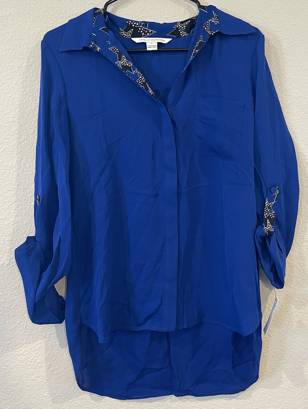 NWT Diane Von Furstenberg Cosmic Cobalt Blue Twinkle Star Trim‎ Silk Blouse SZ 8